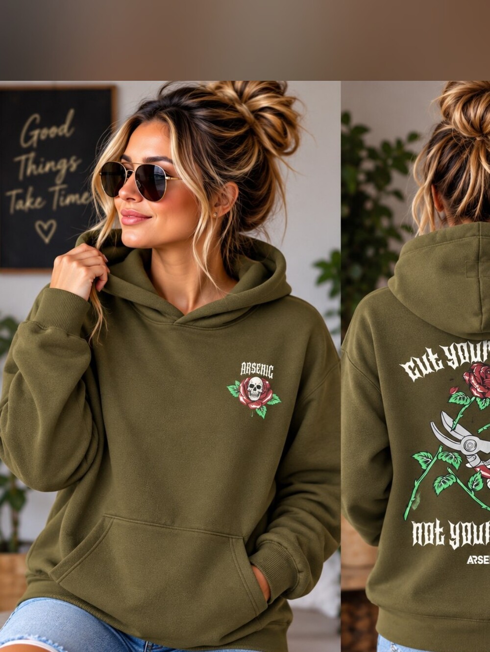 Olive Green Graphic Hoodie - Arsenic